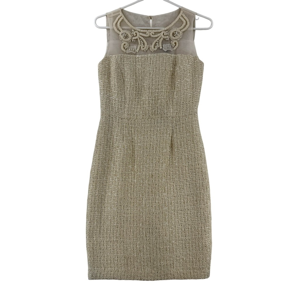 Brooks Brothers Dress Womens 0 White Tweed‎ Beaded Neck Sheath Knee Length Party